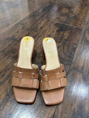 Unisa Brown Leather Woven Strap Block Heel Mules